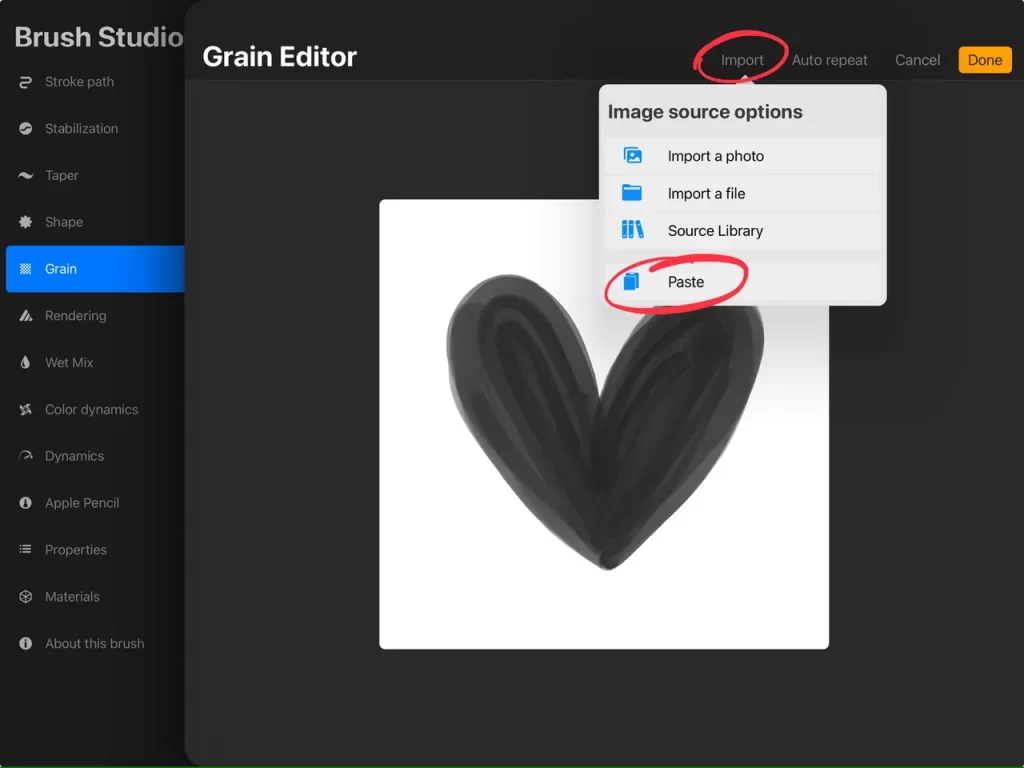 Add heart shape to shape source in procreate brush studio