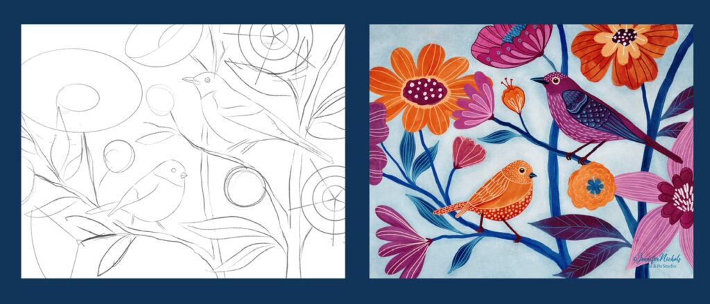 birds and flowers in gouache procreate