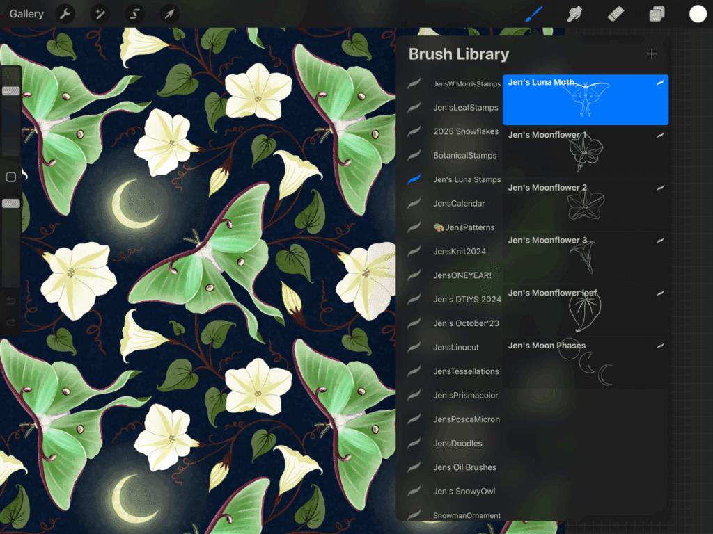 luna moth repeat pattern procreate stamp brushes in procreate