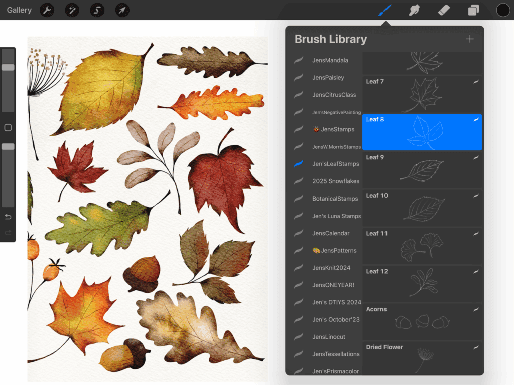 watercolor leaves procreate stamp brushes in procreate